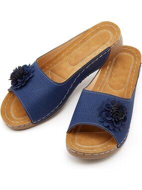Women's Blue Faux Leather Summer Wedge Low Open Toe Slides Dressy Flower Sandals